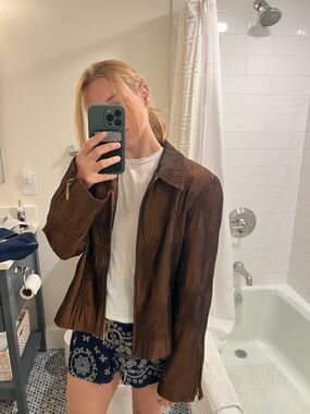Joseph Ribkoff Brown Textured Zip-Front Leather Jacket